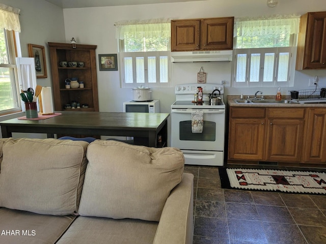 kitchen featuring brown cabinetry, white appliances, a sink, and under cabinet range hood