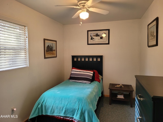 bedroom featuring carpet floors and ceiling fan