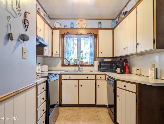 902 Main St, Saxton, PA 16678 - kitchen with black appliances, a sink, light countertops, under cabinet range hood, and light tile patterned floors