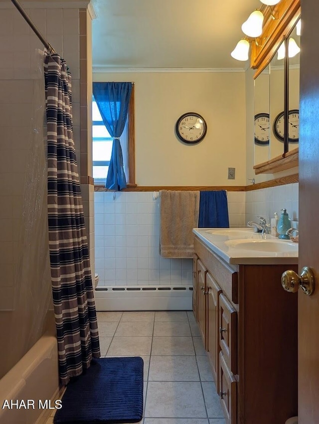 902 Main St, Saxton, PA 16678 - bathroom featuring tile walls, a baseboard heating unit, tile patterned floors, vanity, and crown molding