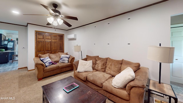829 Ashcroft Ave, Cresson, PA 16630 - carpeted living area featuring a ceiling fan, a wall mounted air conditioner, crown molding, and baseboards