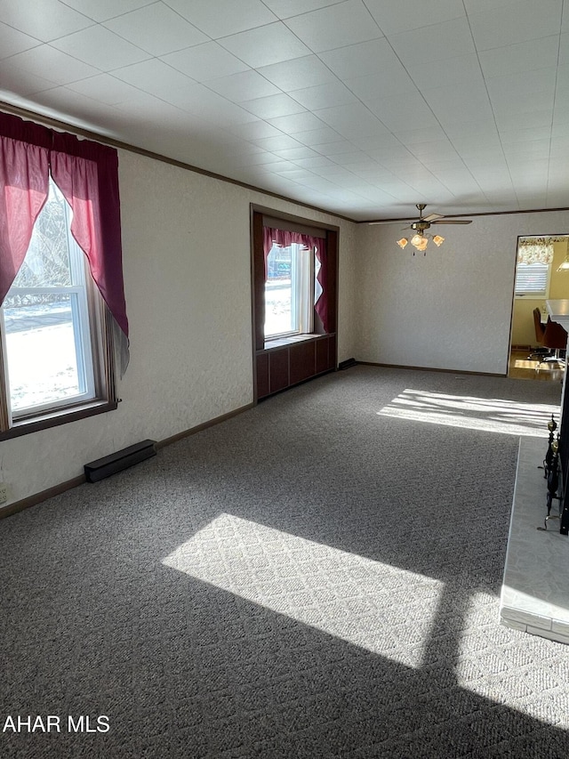 spare room featuring ceiling fan, ornamental molding, and carpet floors