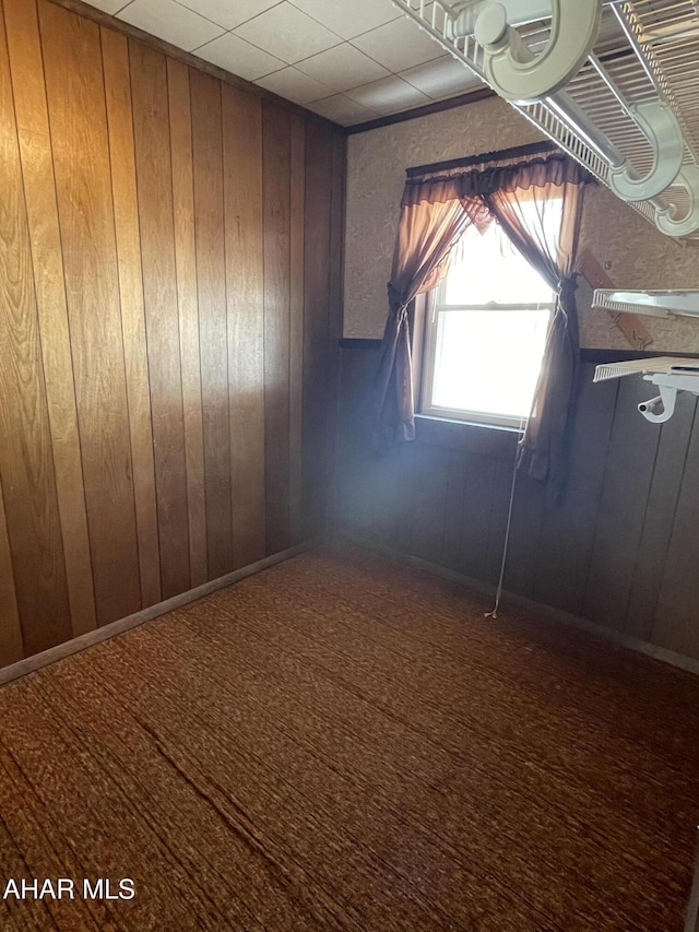 unfurnished room featuring carpet and wooden walls