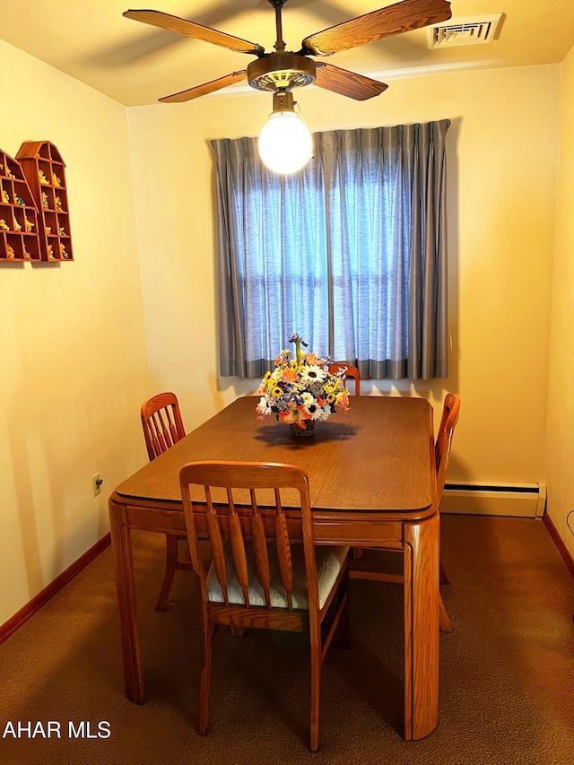 dining room with ceiling fan, dark carpet, and a baseboard radiator