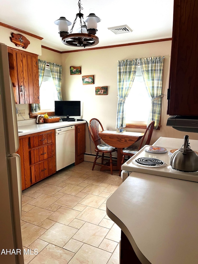 kitchen with a notable chandelier, stainless steel refrigerator, white dishwasher, range with electric cooktop, and ornamental molding