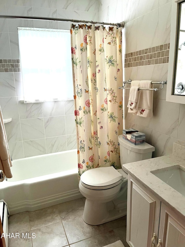 full bathroom featuring toilet, tile walls, tile patterned floors, shower / bath combination with curtain, and vanity