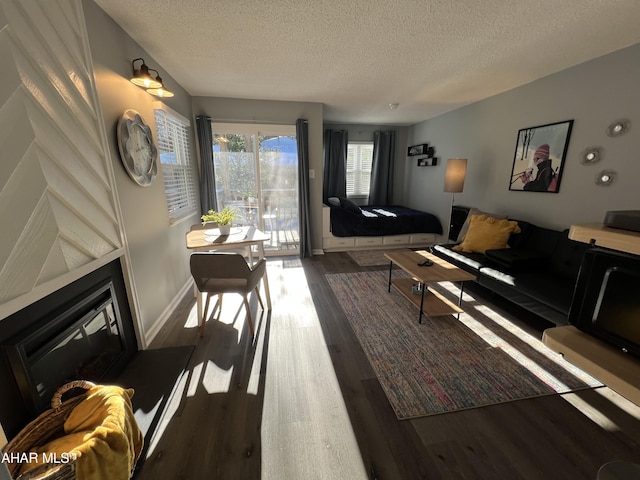 living room with dark hardwood / wood-style flooring and a textured ceiling