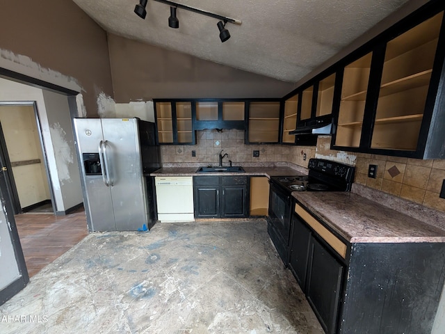 kitchen featuring vaulted ceiling, dishwasher, sink, stainless steel fridge with ice dispenser, and black electric range