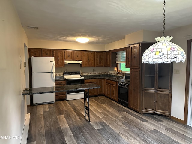 159 Hollidaysburg Sportsman Rd, Hollidaysburg, PA 16648 - kitchen with freestanding refrigerator, under cabinet range hood, dishwasher, electric range, and dark wood-style flooring