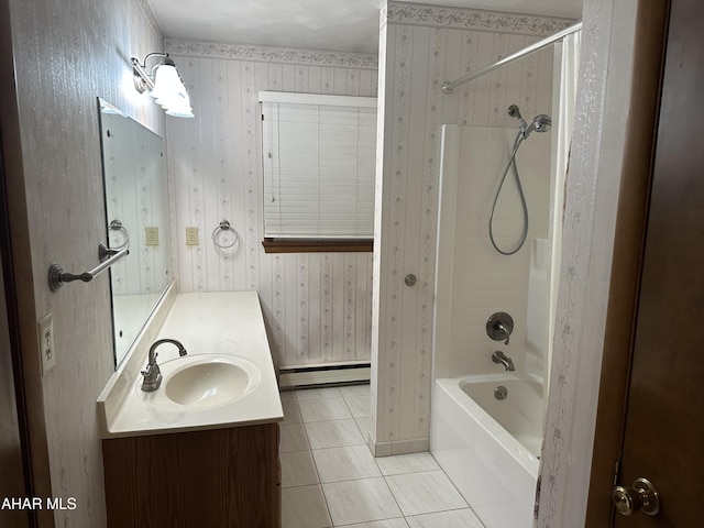 159 Hollidaysburg Sportsman Rd, Hollidaysburg, PA 16648 - full bathroom with a baseboard heating unit, tile patterned floors, washtub / shower combination, vanity, and wallpapered walls