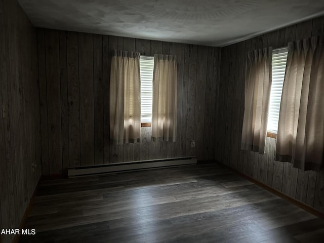 159 Hollidaysburg Sportsman Rd, Hollidaysburg, PA 16648 - empty room featuring a baseboard heating unit, wood finished floors, wooden walls, and baseboards