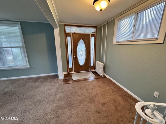2123 2nd Ave, Altoona, PA 16602 - carpeted entrance foyer featuring radiator heating unit, crown molding, and baseboards
