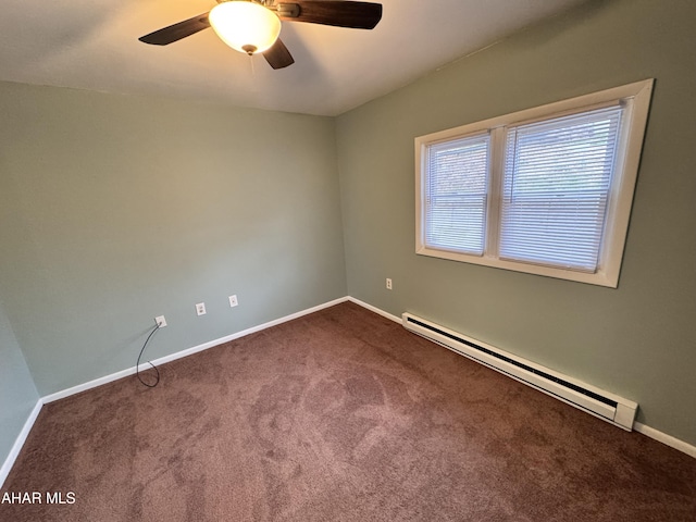 2123 2nd Ave, Altoona, PA 16602 - empty room with a baseboard radiator, dark carpet, baseboards, and ceiling fan