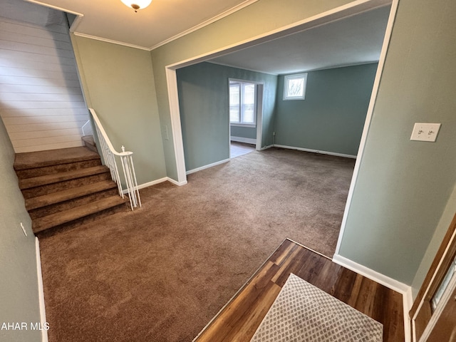 2123 2nd Ave, Altoona, PA 16602 - stairway featuring wood finished floors, baseboards, carpet floors, and ornamental molding