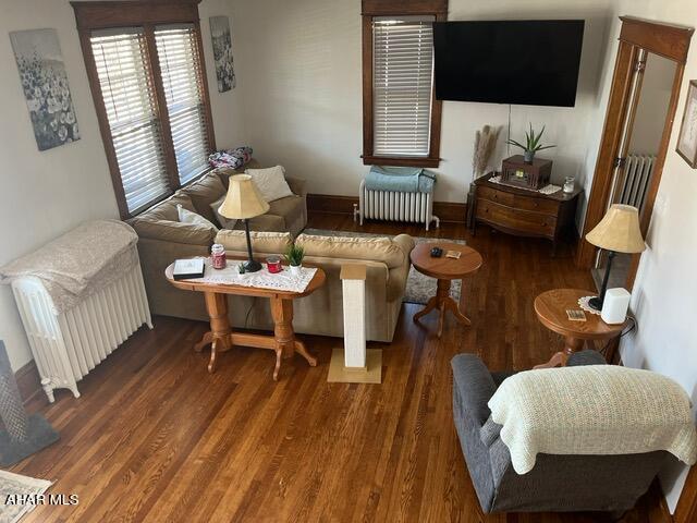 living room with radiator and dark wood-type flooring