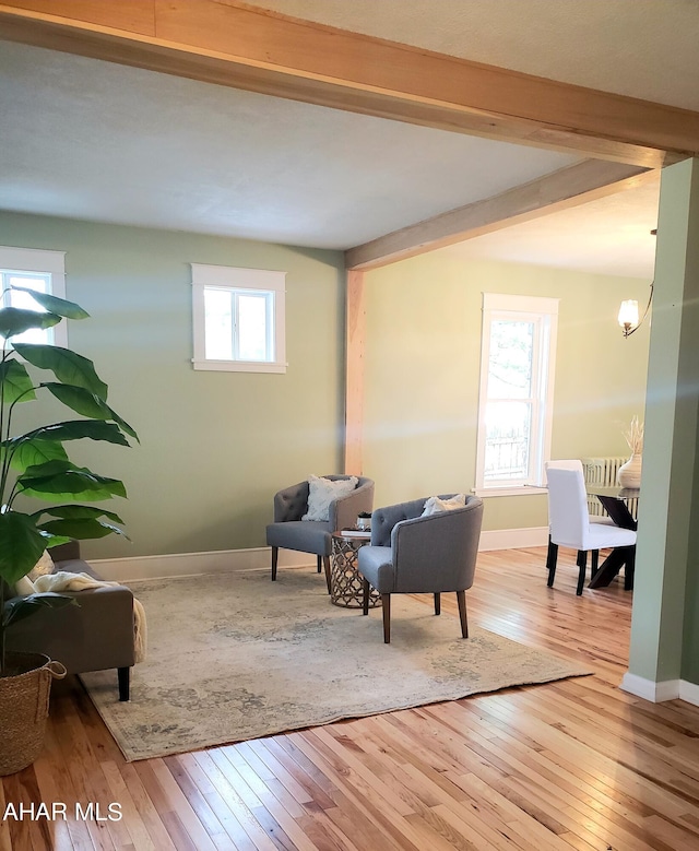 sitting room with wood-type flooring, a wealth of natural light, and beam ceiling