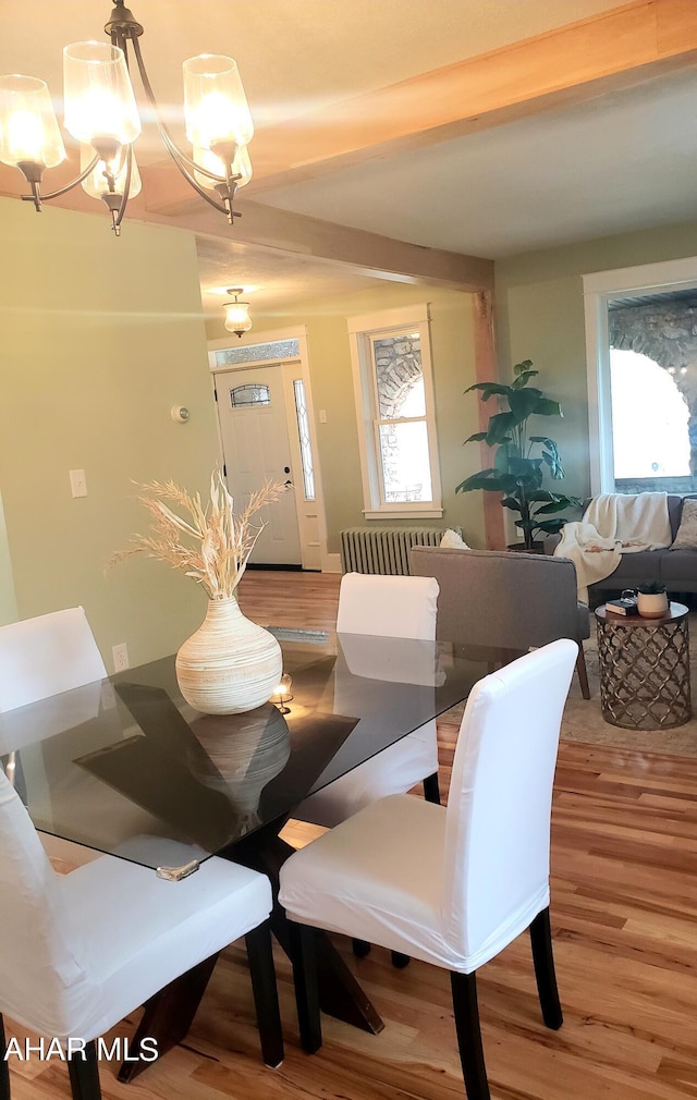 dining room featuring hardwood / wood-style floors and an inviting chandelier