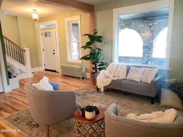 living room with radiator heating unit and light hardwood / wood-style floors