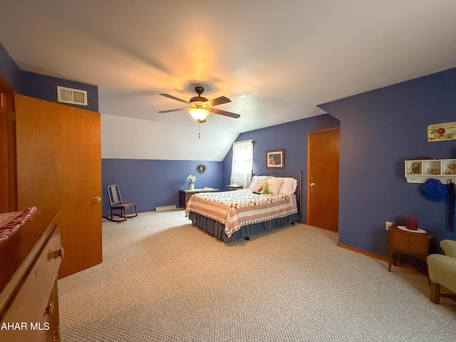 6334 Black Valley Rd, Everett, PA 15537 - carpeted bedroom featuring baseboards, visible vents, ceiling fan, and vaulted ceiling