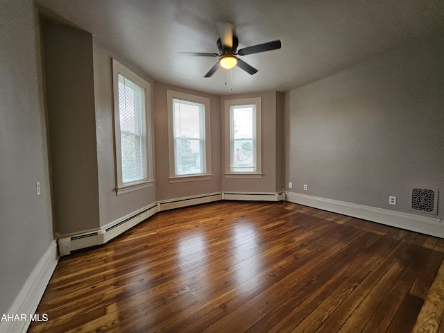 spare room featuring ceiling fan and dark wood-type flooring