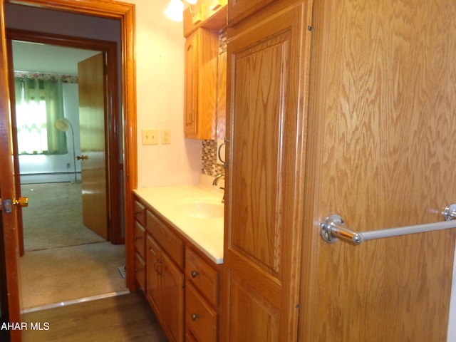 bathroom featuring a baseboard heating unit and vanity