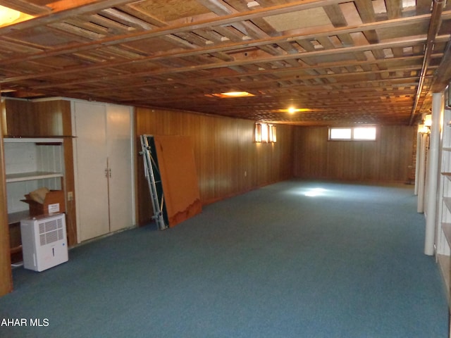 basement with carpet floors and wood walls