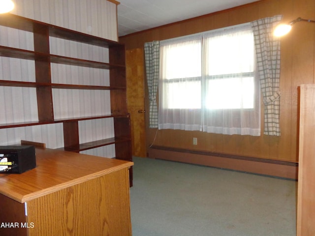 unfurnished office featuring baseboard heating and carpet