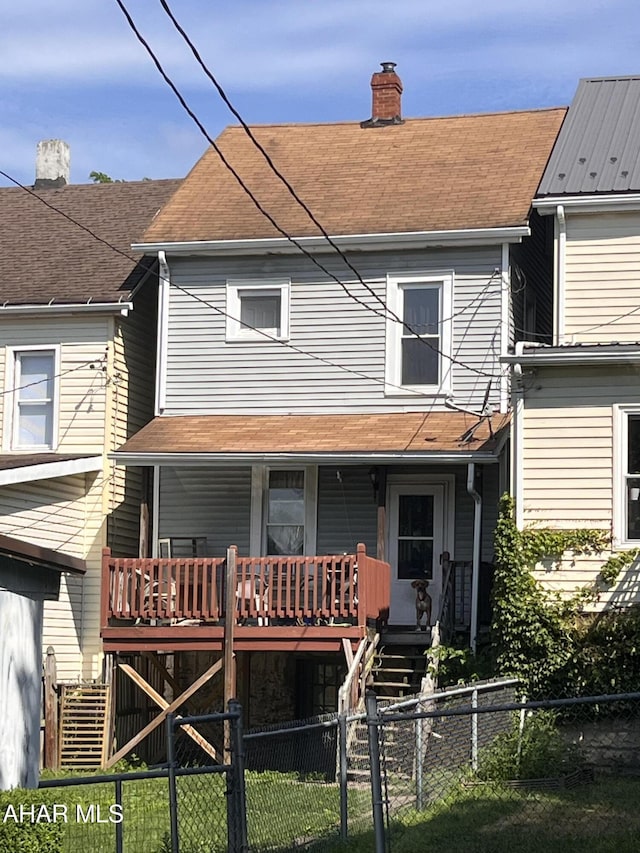 2017 12th Ave, Altoona, PA 16601 - rear view of property featuring covered porch, a chimney, a gate, a fenced front yard, and a shingled roof