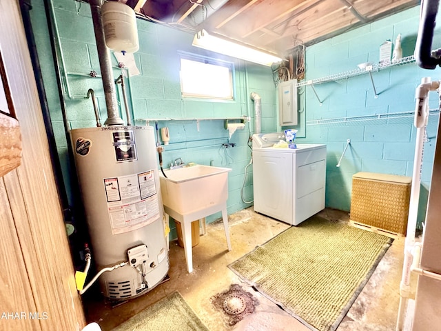 clothes washing area with laundry area, electric panel, separate washer and dryer, water heater, and a sink