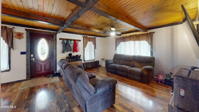 living room with radiator, baseboards, wood ceiling, beam ceiling, and wood-type flooring