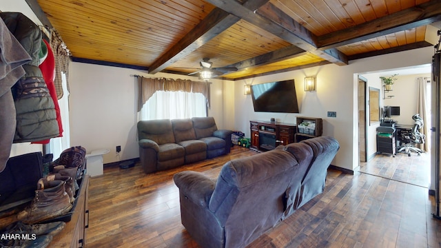 living room featuring a ceiling fan, baseboards, beam ceiling, wood ceiling, and wood-type flooring