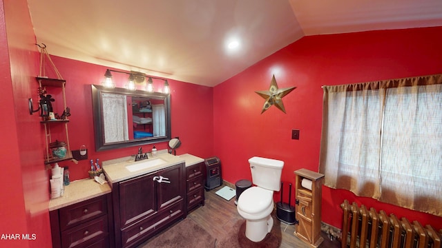 bathroom featuring radiator, toilet, vanity, and vaulted ceiling