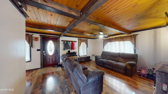 living room with hardwood / wood-style floors, radiator, baseboards, wooden ceiling, and beamed ceiling