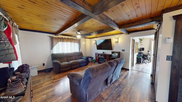 living area with baseboards, beam ceiling, wooden ceiling, and hardwood / wood-style flooring