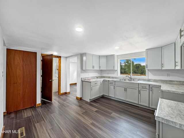 kitchen with gray cabinetry, sink, and dark wood-type flooring