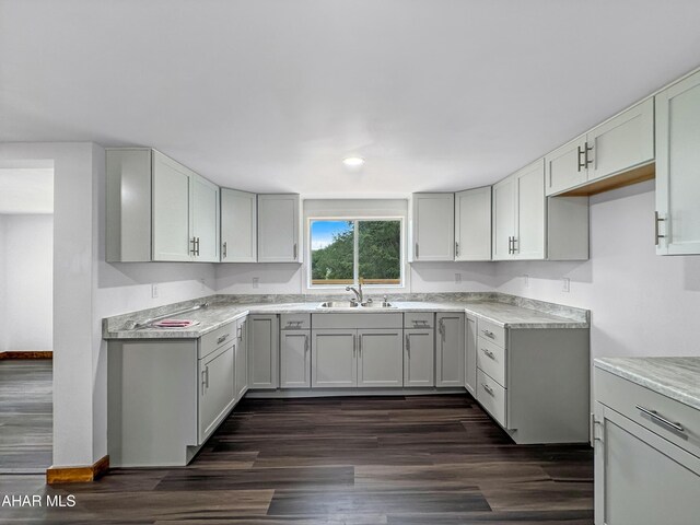 kitchen with dark hardwood / wood-style floors, gray cabinets, and sink