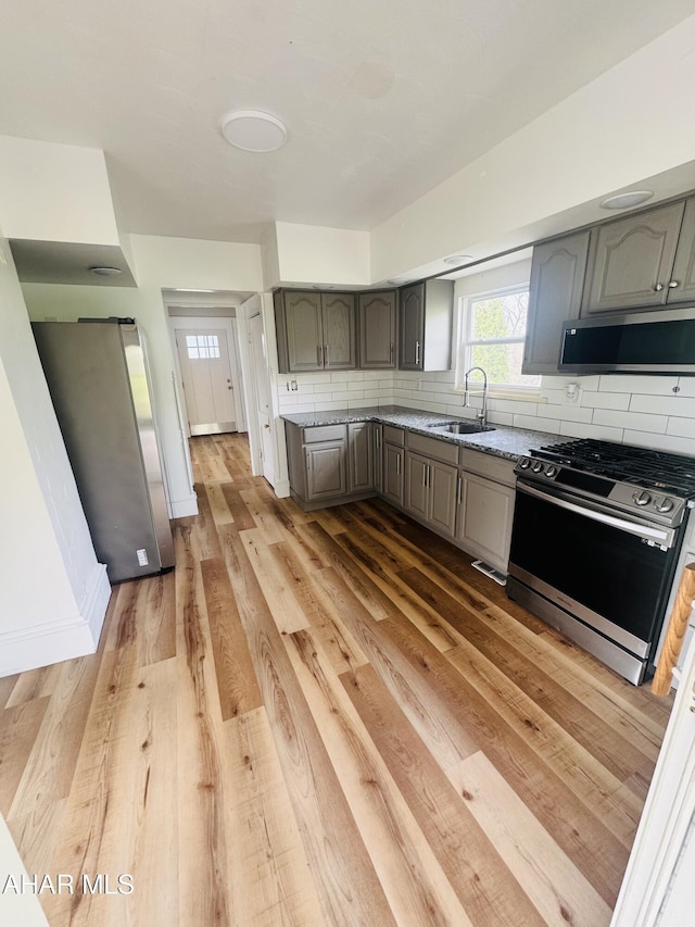 5017 Highland Park Ave, Altoona, PA 16602 - kitchen featuring appliances with stainless steel finishes, gray cabinets, backsplash, and light wood finished floors