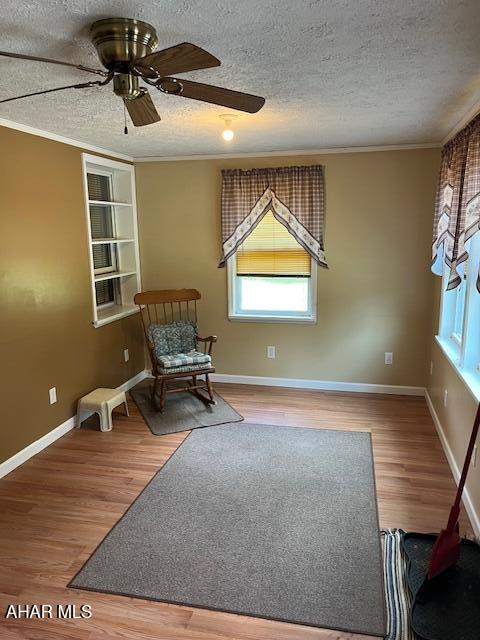 6331 Hyndaman Rd, Buffalo Mills, PA 15534 - living area with wood finished floors, plenty of natural light, ornamental molding, a textured ceiling, and a ceiling fan