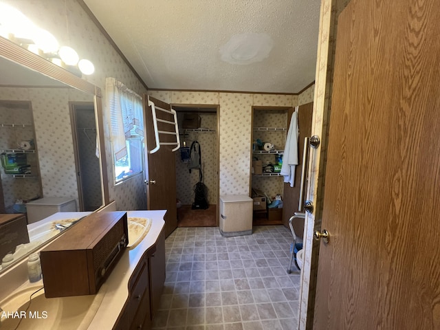 bathroom with vanity, crown molding, and a textured ceiling