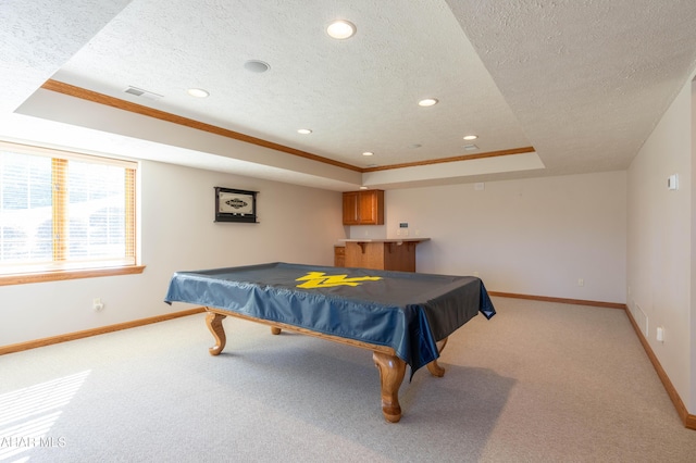 219 Scenic Pine Dr, Hollidaysburg, PA 16648 - recreation room with baseboards, light colored carpet, a raised ceiling, a textured ceiling, and recessed lighting