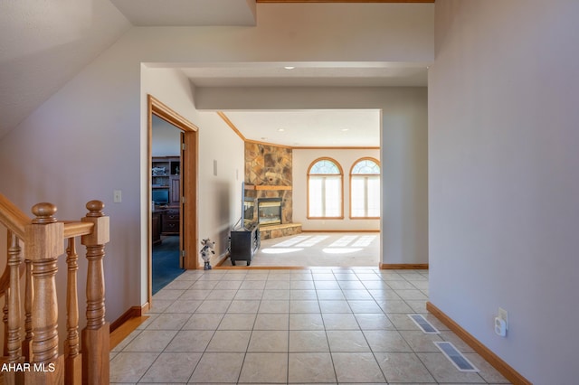 219 Scenic Pine Dr, Hollidaysburg, PA 16648 - hall featuring baseboards, vaulted ceiling, and light tile patterned flooring