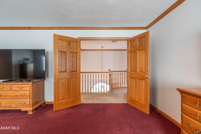 219 Scenic Pine Dr, Hollidaysburg, PA 16648 - unfurnished bedroom with dark colored carpet, crown molding, and a textured ceiling