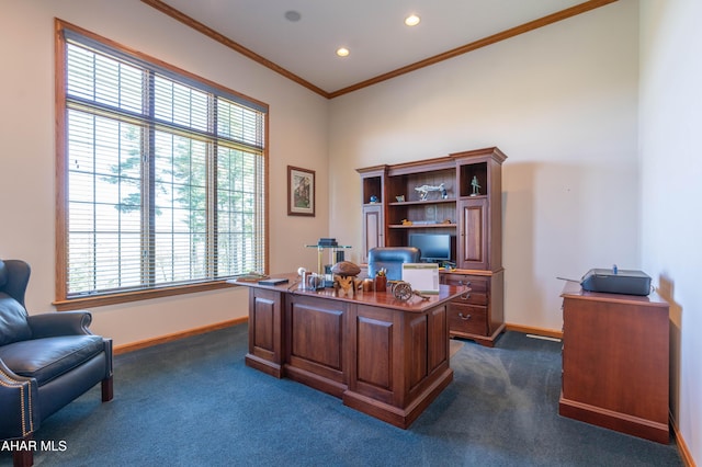 219 Scenic Pine Dr, Hollidaysburg, PA 16648 - home office featuring dark colored carpet, baseboards, ornamental molding, and recessed lighting