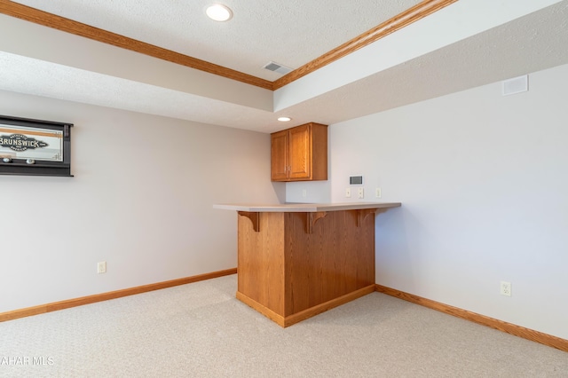 219 Scenic Pine Dr, Hollidaysburg, PA 16648 - indoor bar with ornamental molding, light colored carpet, baseboards, recessed lighting, and a textured ceiling