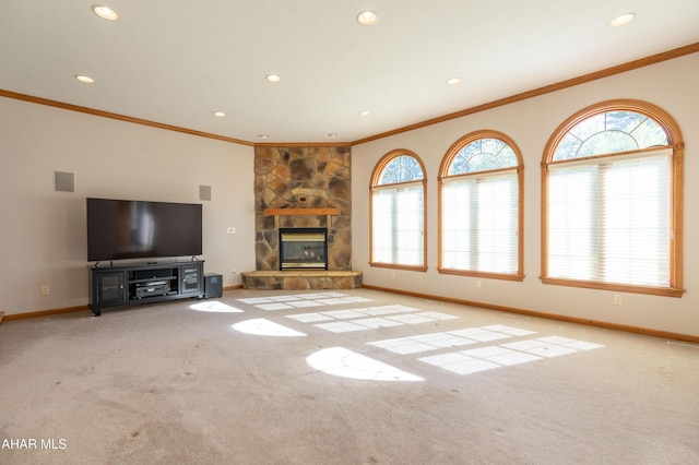 219 Scenic Pine Dr, Hollidaysburg, PA 16648 - unfurnished living room with baseboards, recessed lighting, healthy amount of natural light, carpet flooring, and ornamental molding
