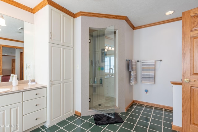 219 Scenic Pine Dr, Hollidaysburg, PA 16648 - bathroom with ornamental molding, a shower stall, vanity, baseboards, and tile patterned flooring
