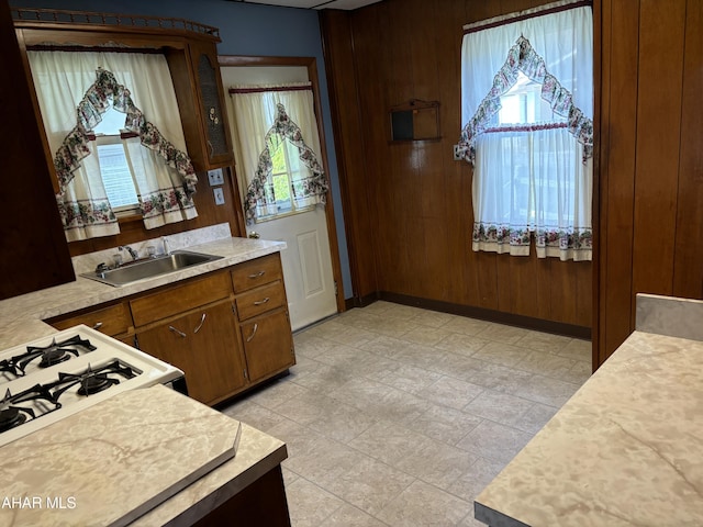 kitchen featuring wood walls and sink