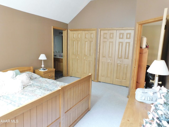 bedroom with multiple closets, lofted ceiling, light carpet, and ensuite bath