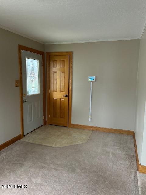 carpeted foyer entrance featuring a textured ceiling and crown molding