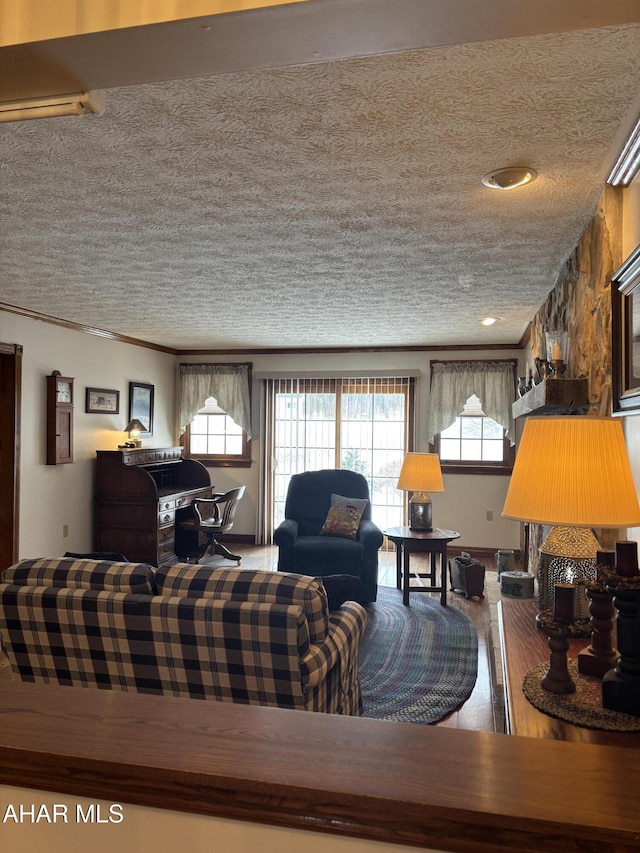 living room featuring a textured ceiling and crown molding